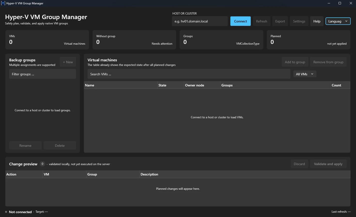 Hyper-V VM Group Manager mit Gruppenverwaltung, VM-Liste und Vorschau geplanter Änderungen